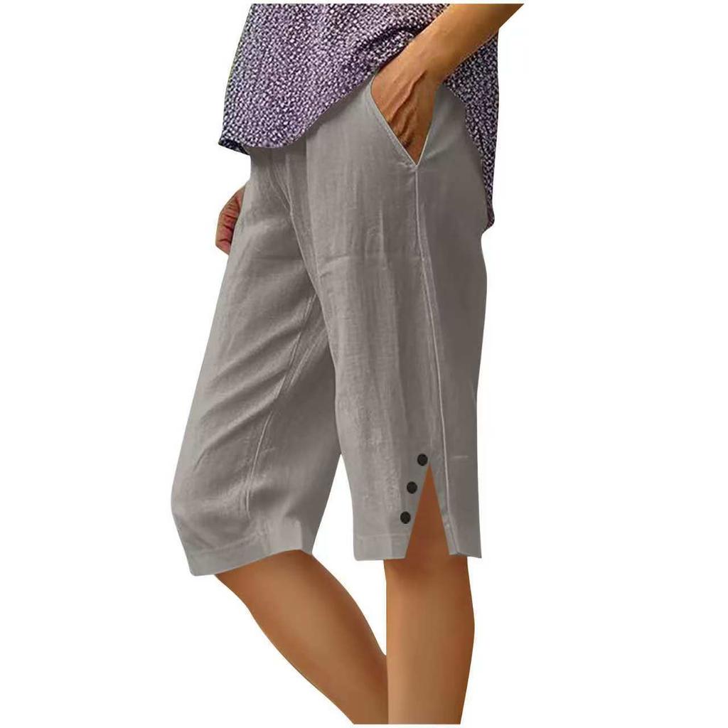 Women's Linen Blend Casual Capri Pants Elastic Waist Cropped Trousers with Side Buttons