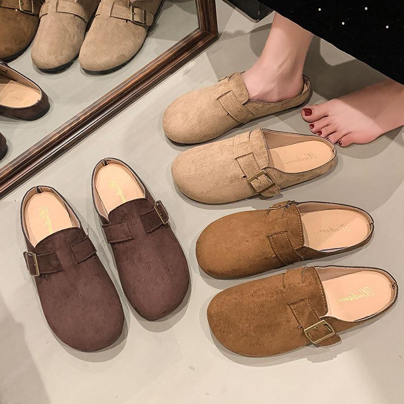 Fashion Lazy Shoes Versatile Flat Birkenstocks Women'S Autumn Retro French Baotou Half Slippers