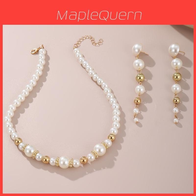 Pearl Necklace And Earring Set With Geometric Design For Fashion Women