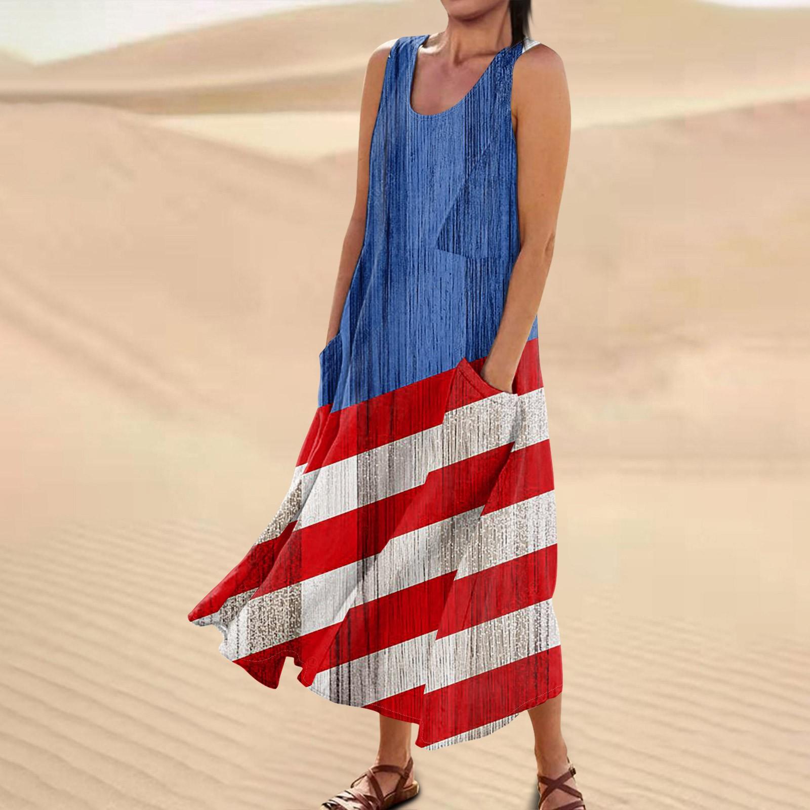 

Женское повседневное удобное хлопковое платье с карманами без рукавов и принтом ко Дню независимости L синий