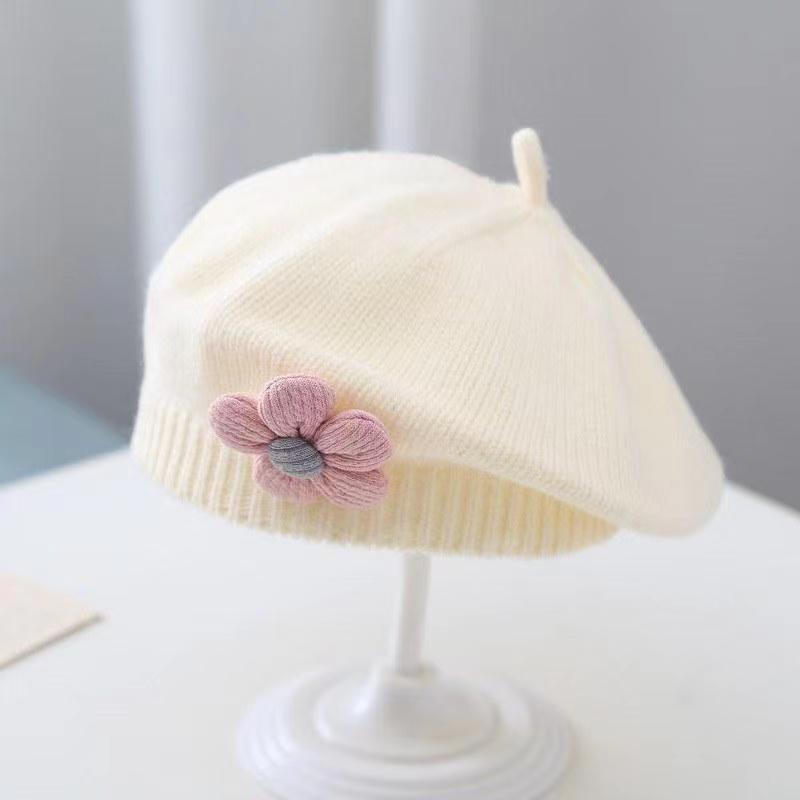 Λουλούδι Baby Beret Καπέλο Χειμερινό Ζεστό πλεκτό καπέλο Beanie για βρέφη κοριτσάκια Κορεάτικη Πριγκίπισσα νηπίων Καλλιτέχνης Μονόχρωμα καπέλα ζωγραφικής