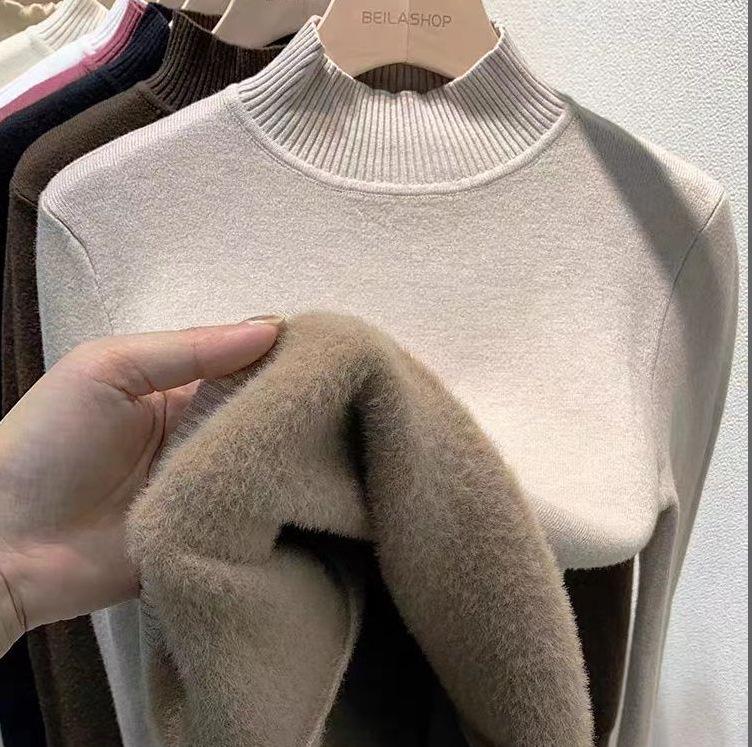 Γυναικεία Πλεκτή Μπλούζα Φλις: Ημιυψηλός λαιμός, με βελούδο, χοντρή, ευέλικτη βασική στρώση για φθινόπωρο/χειμώνα.