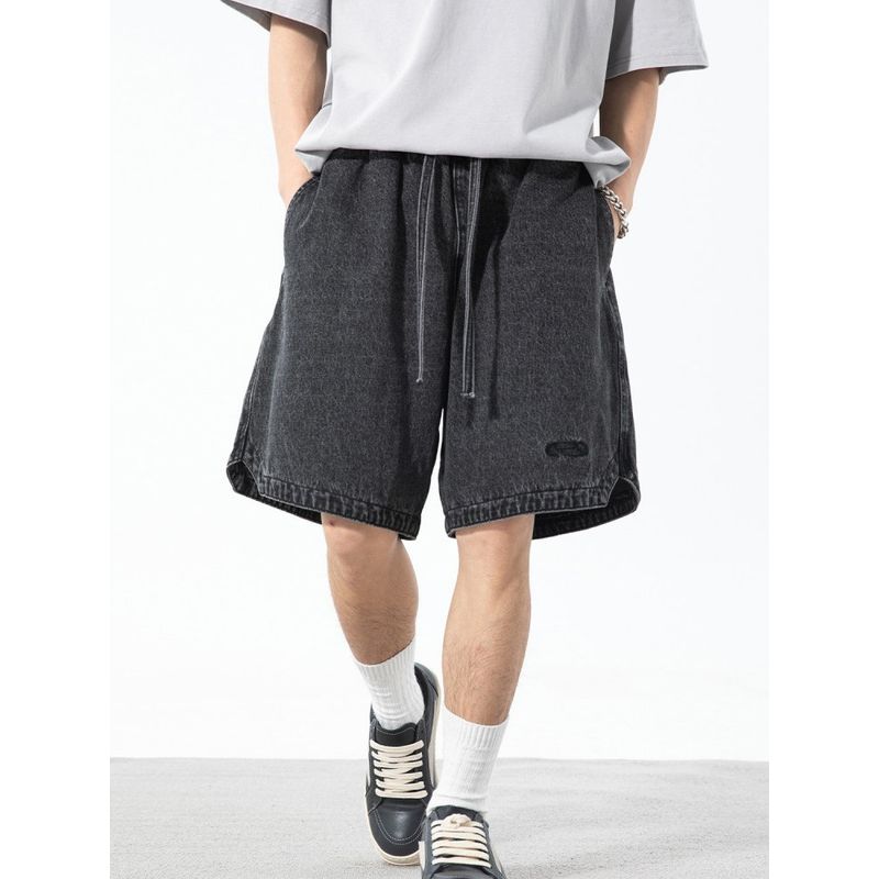 Wassup American Retro Washed Straight-Leg Denim Shorts for Men, Trendy Hip-Hop Street Style Loose Wide-Leg Five-Point Pants