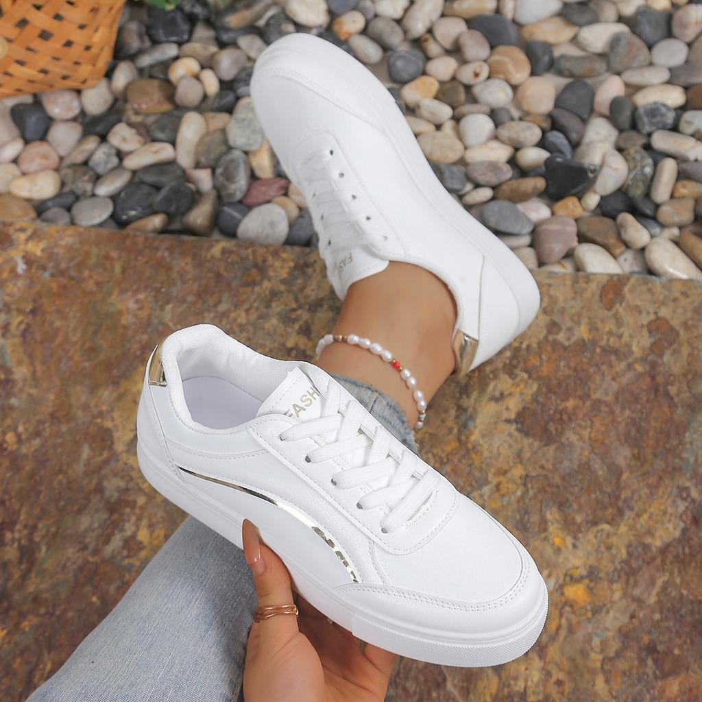 Ladies' Fashionable White Sports Shoes, Lightweight, Durable, and Comfortable Low Cut Lace Up Shoes Suitable for All Seasons