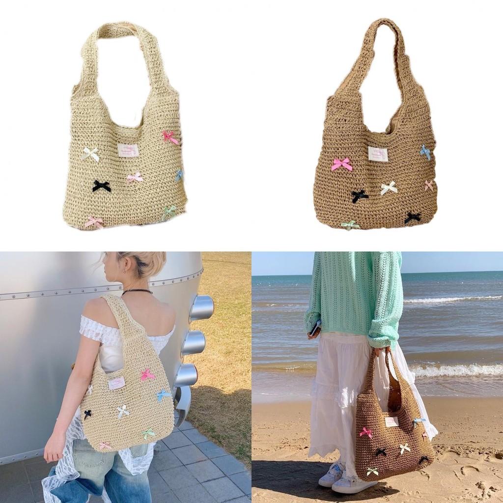 Straw Woven Bow Shoulder Bag With Large Capacity For Daily Use