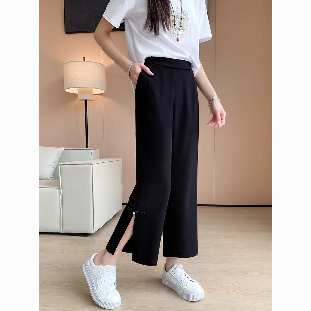 2026 Women's Chinese Style Wide-Leg Slit Pants - Summer, Loose, Slimming, Drape, Plus Size, Nine-Point Length