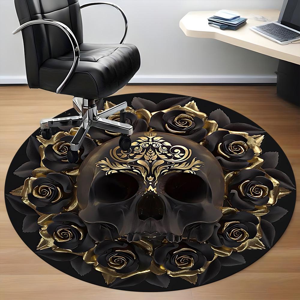 1pc Skull Roses Artwork Chair Carpet for Office, Round Non Slip Durable Large Size Office Carpet, Suitable for Office