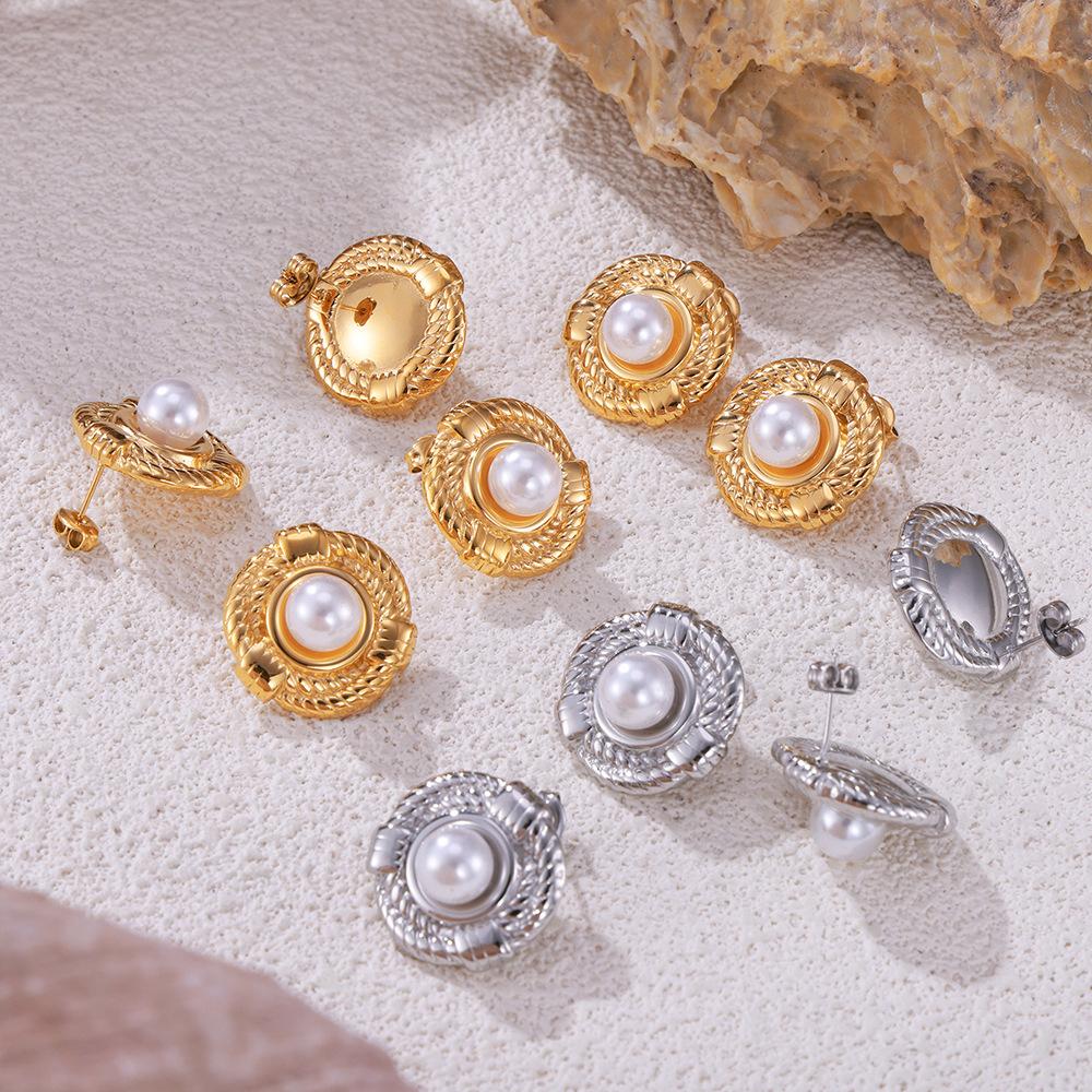 Style Niche Retro Geometric Line Twist Design Sense Earrings Round Brand Inlaid Shell Beads Titanium Steel Gold-Plated Stud Earrings