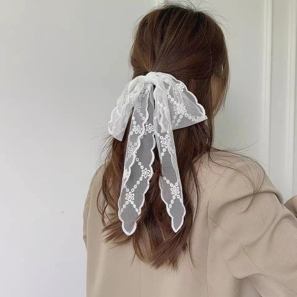 Fashion Solid Color Lace Embroidery Women's Hair Scarf Korean Style Hair Long Ribbons Scarf Hair Bands  Headwear