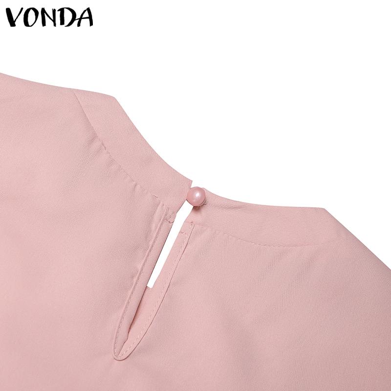 VONDA Women Summer Round Neck Short Sleeve Pearl Decorated Blouses