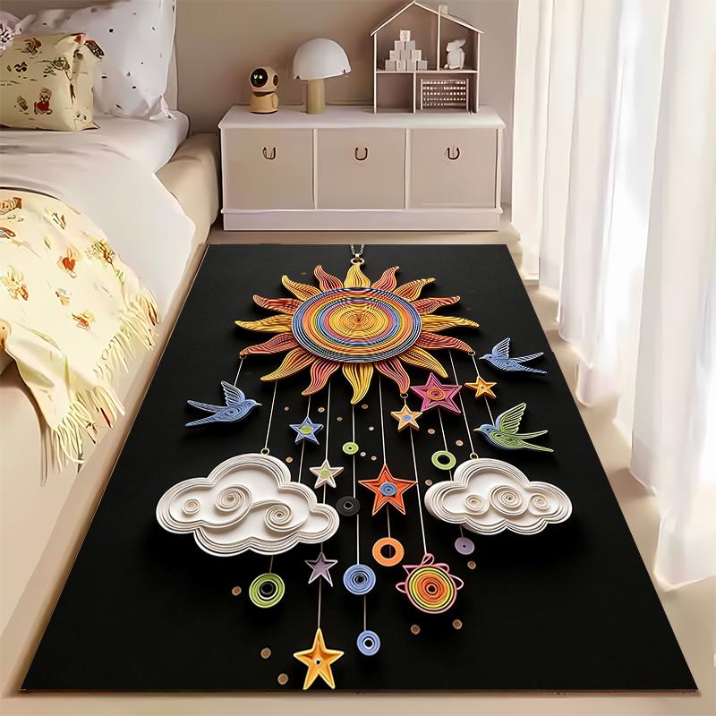 Colorful Sun and Cloud Pattern Modern Carpet with Star Accents Suitable for Use As an Anti-slip for Living Room Bedroom Sofas