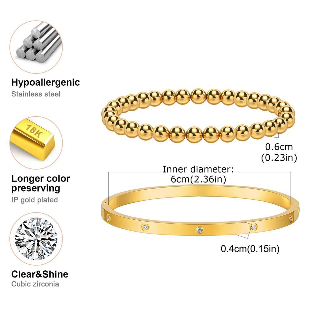 Vnox 2-8mm Women Bracelets Set, Simple Stacked Gold Plated Stainless Steel Beads Bracelets , Glam Love Gift Cuff Bangles for Her