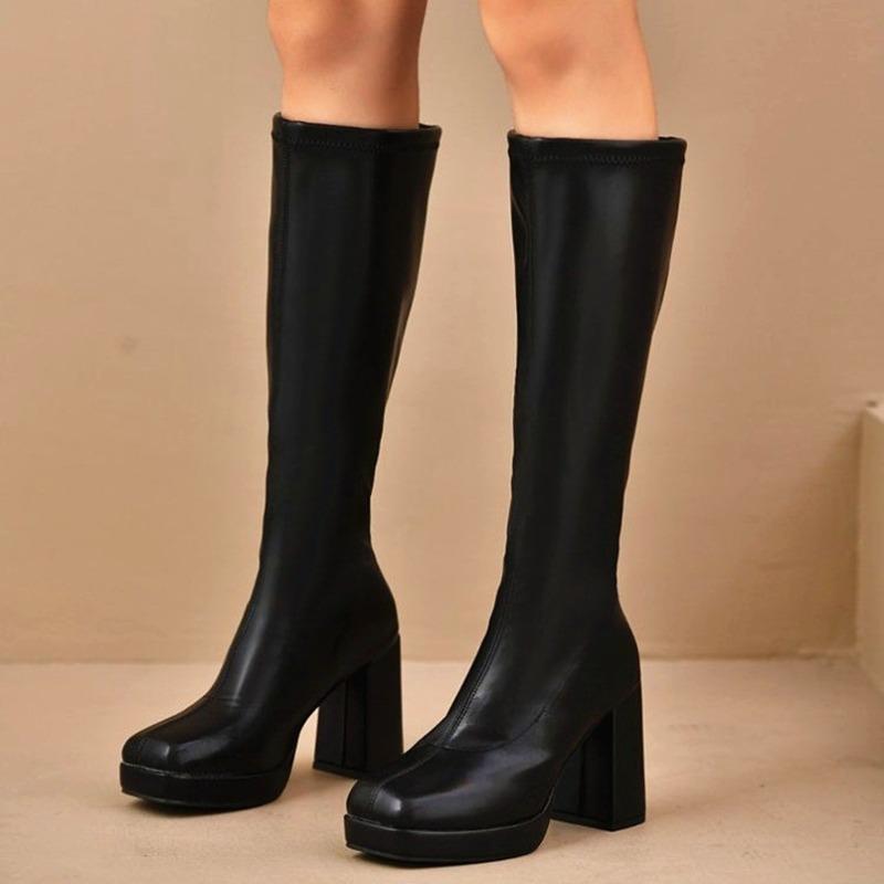Large-sized Shoes, Round-toed High Boots, Women's Shoes, Chunky Heels for Slimming, Chunky Heels, Knight Boots