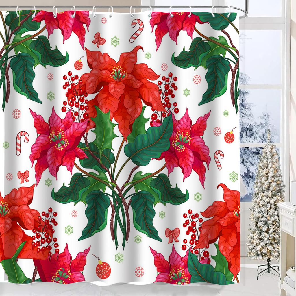 Christmas Decorations Floral Pattern Bathroom Shower Curtain With 12 Hooks Bathroom Decor And Accessories