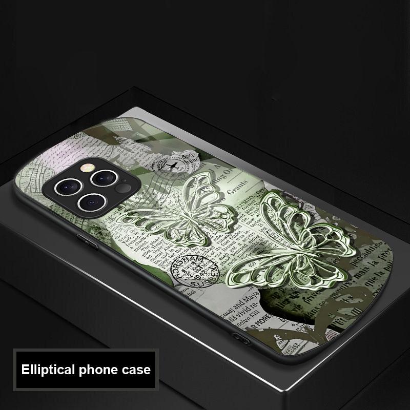 Vintage Butterfly For IPhone 16 Pro Max 15 Pro 14 13 12 Mini 11 XS Max XR 7 8 Plu SE 2022 Elliptical Glass Phone Case