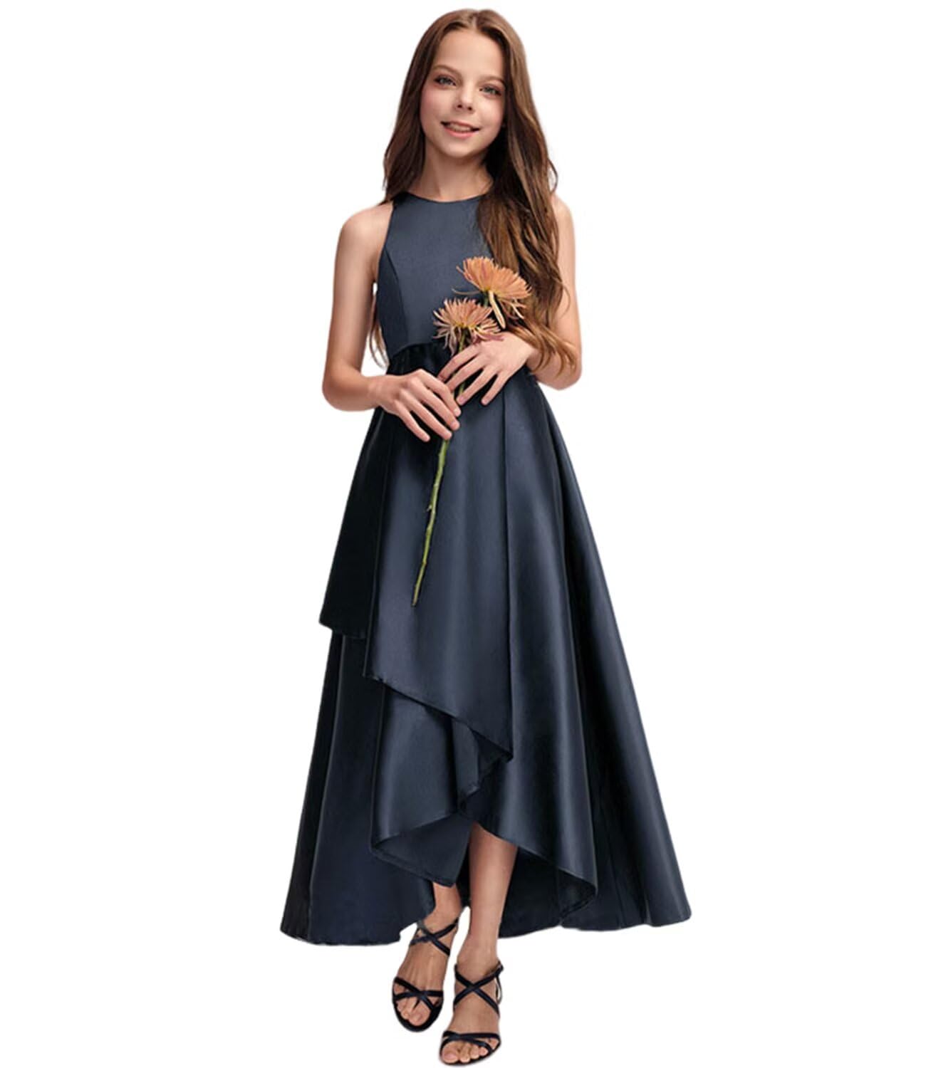 

Kayiyasu Девочки Атласное Вечернее Длинное Платье, Без Рукавов Асимметричный Подол, Темно-синий, Размер 160