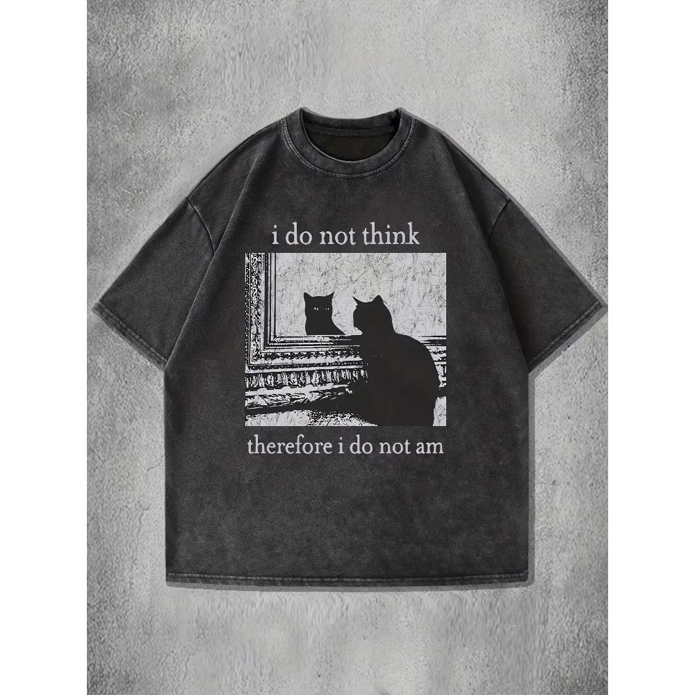 Unisex Washed Cotton Casual Loose Fit Graphic T-Shirt I Do Not Think Therefore I Do Not Am Cat Print Oversized Streetwear Summer Short Sleeve Tee