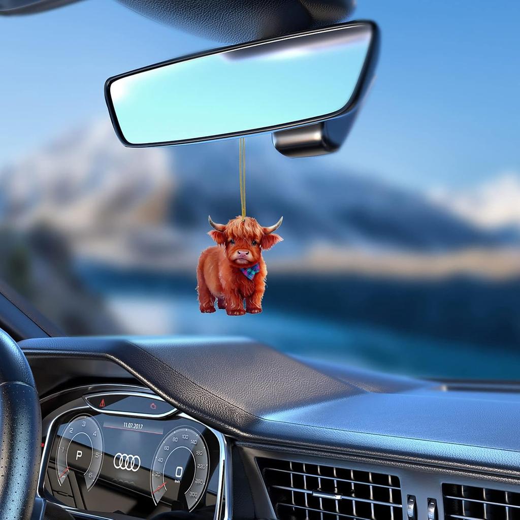 Highland Cow Car Hanging Ornament Acrylic Scottish Highland Cow Car Mirror Hanging Accessories Farm Animal Lover Gift,3.54in