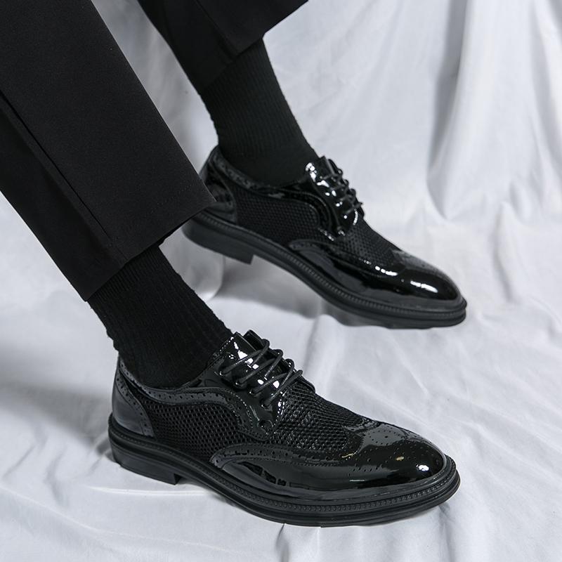 

Модные новые модные мужские оксфорды из натуральной кожи, лакированные кожаные формальные деловые дышащие туфли на плоской подошве с сеткой 38 чёрный