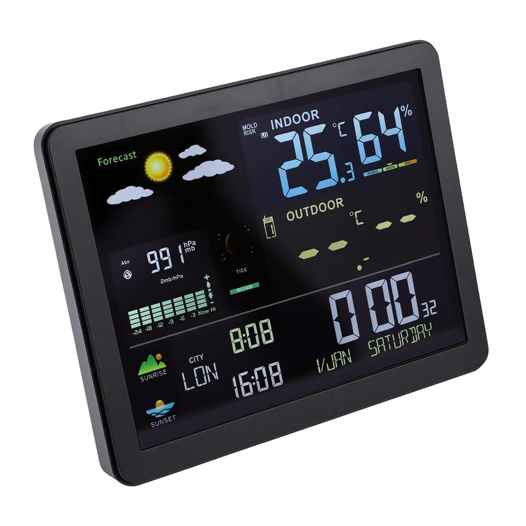 Wireless Weather Clock Indoor Outdoor Hygrometer Thermometer Air Pressure Sunset Sunrise Time Color Display Dual Alarm