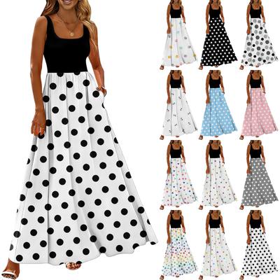 Vestido longo feminino de verão casual e fashion, sem mangas, com estampa de bolinhas