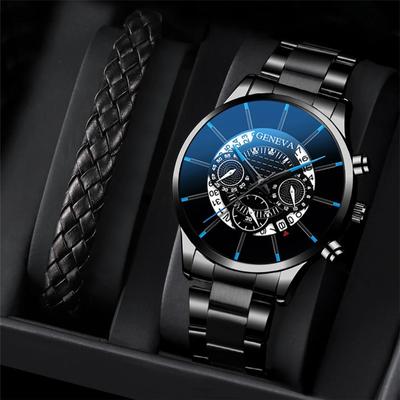 2 teile/satz Mode Klassische Herren Schwarz Uhren Set Männer Business Edelstahl Quarzuhr Männlichen Kalender Armbanduhr Leder Armband