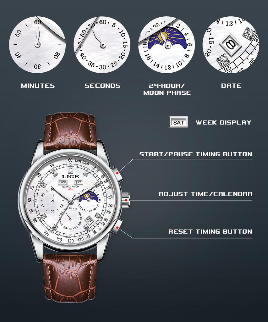 LIGE Fashion Man Watch Top Brand Luxury Leather Casual Quartz Men's Watches Sport Waterproof Clock Watch Date Week Moon Phase