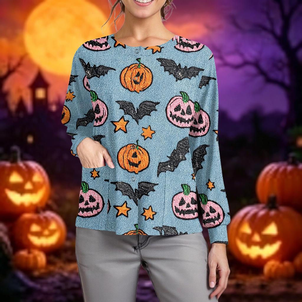 Women Long Sleeve Button Front Cardigan Halloween Print Lightweight Casual Workwear Cover Up Shirt for Caregivers and Daily Wear