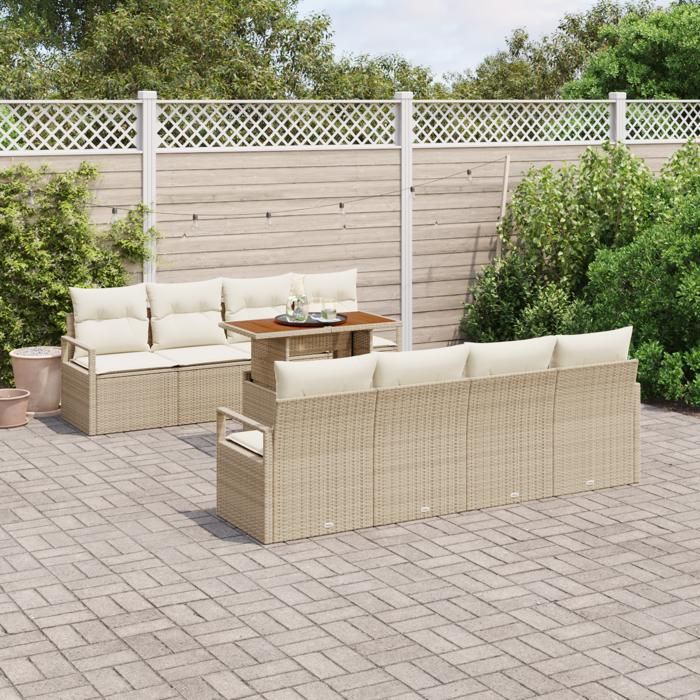 Ensemble de canapés de jardin de 9 pièces avec coussins en rotin poly beige, Canapé de jardin de 2 places avec coussins 3349686