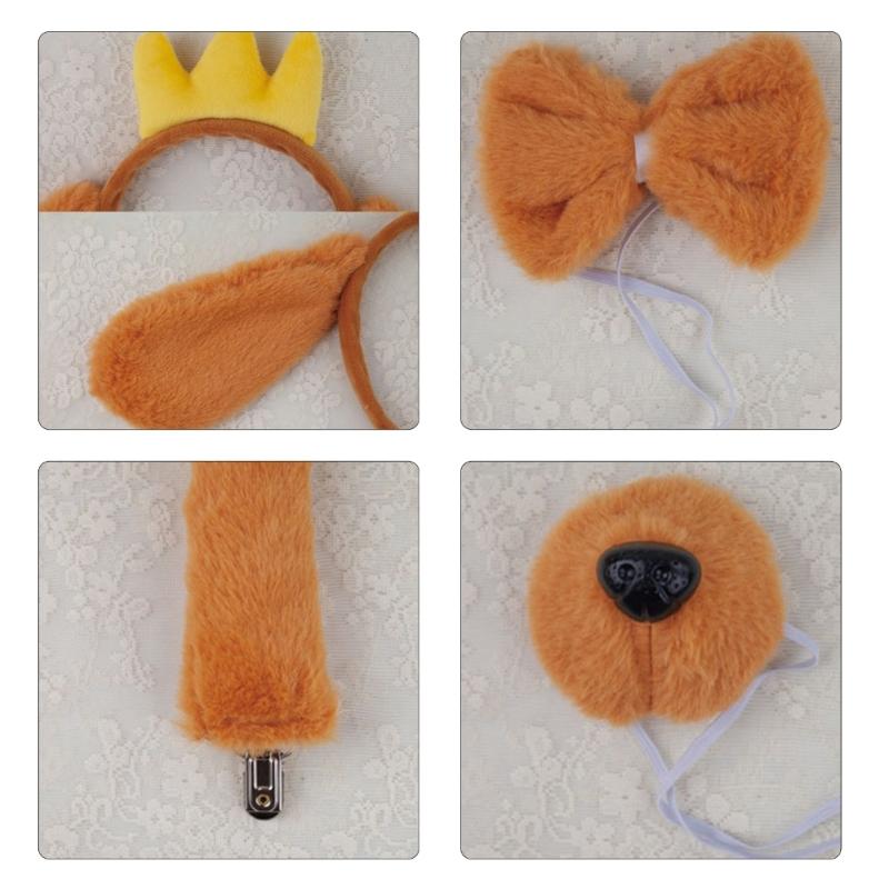 Dogs Ears Headband Dog Hair Hoop Set Plush Tail Bowtie Dog False Nose Brown Mesh Skirt Animal Dress Up Set
