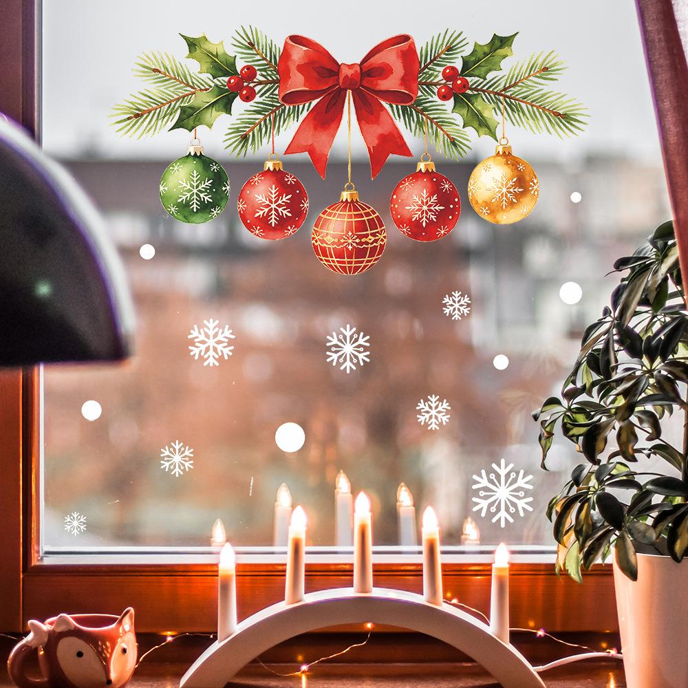 Painted Bow-shaped Light Bulbs, Pine Branches, Snowflakes, Balcony, Glass Windows, Home Decoration, Window Stickers