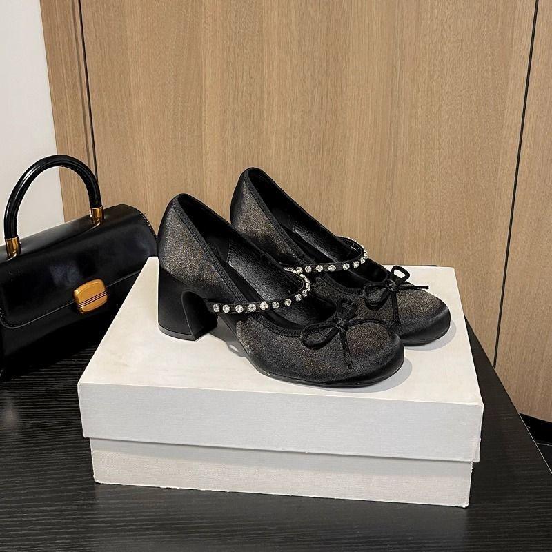 French fairy wind round head bow single shoes spring and autumn design sense rhinestone word with high heel Mary Jane shoes