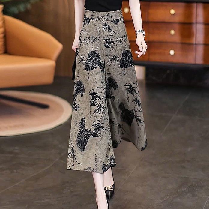 Plus Size Women's Chinese Style Printed Skirt-Pants - Summer Loose Slimming Seven-Point Pants