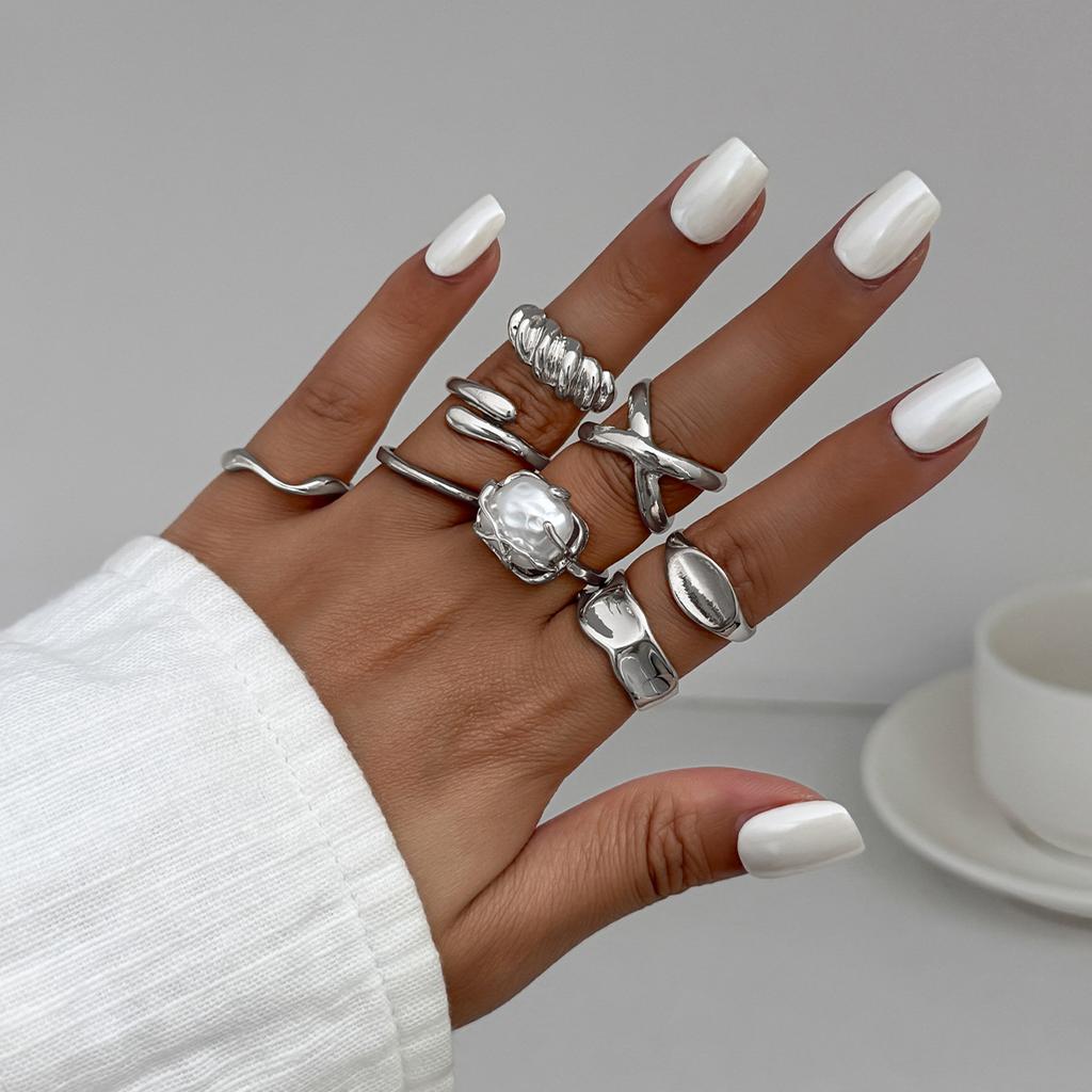 Landscape Water Droplets Hug Open Ring, Liquid Metal Pleated Irregular Crossed Ring