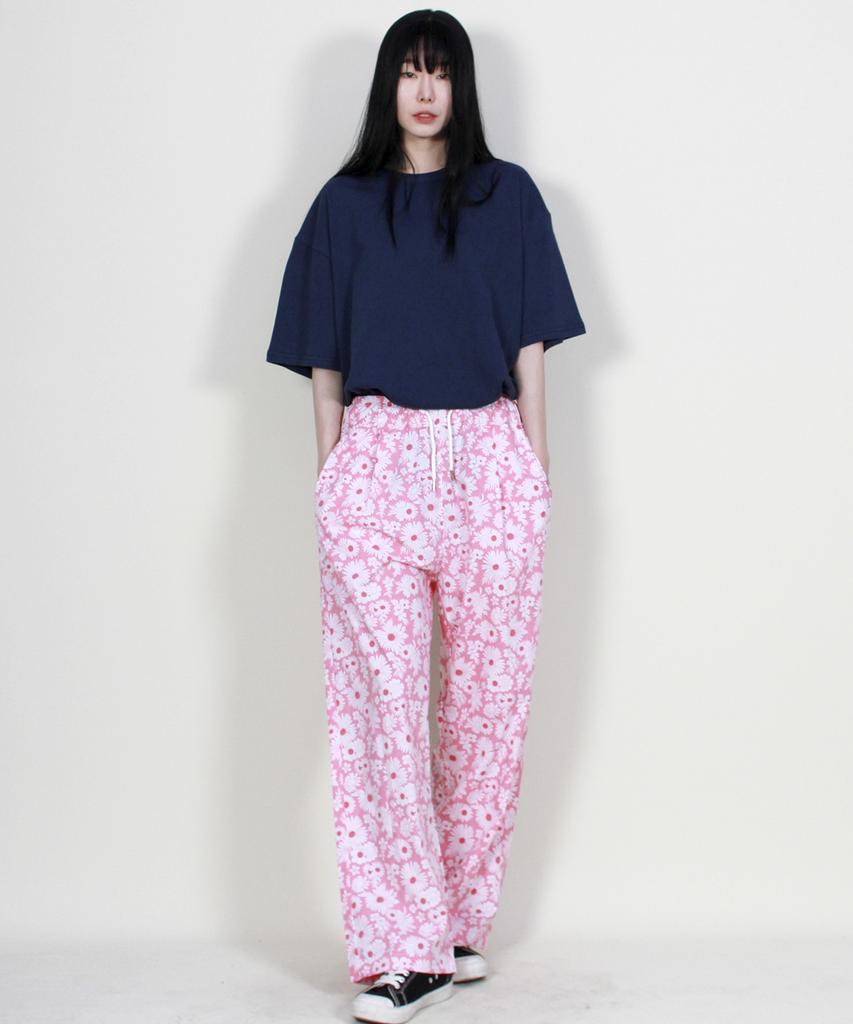 Deumakeu Flower Pattern Side One-Pleat Semi-Wide Pants Hot Red