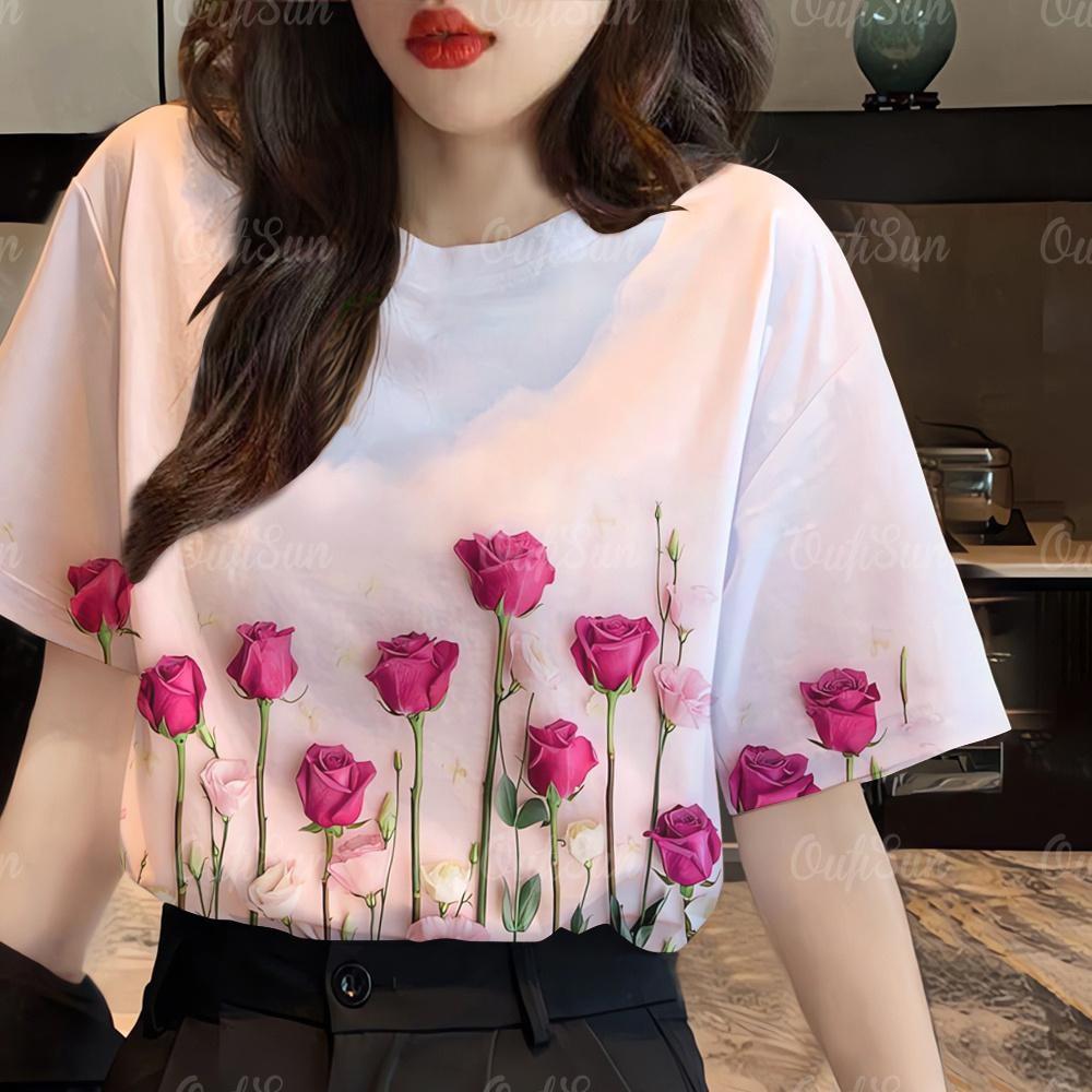 

Summer Women s Floral Graphic T-Shirt - Short Sleeve O-Neck Casual Top XXS