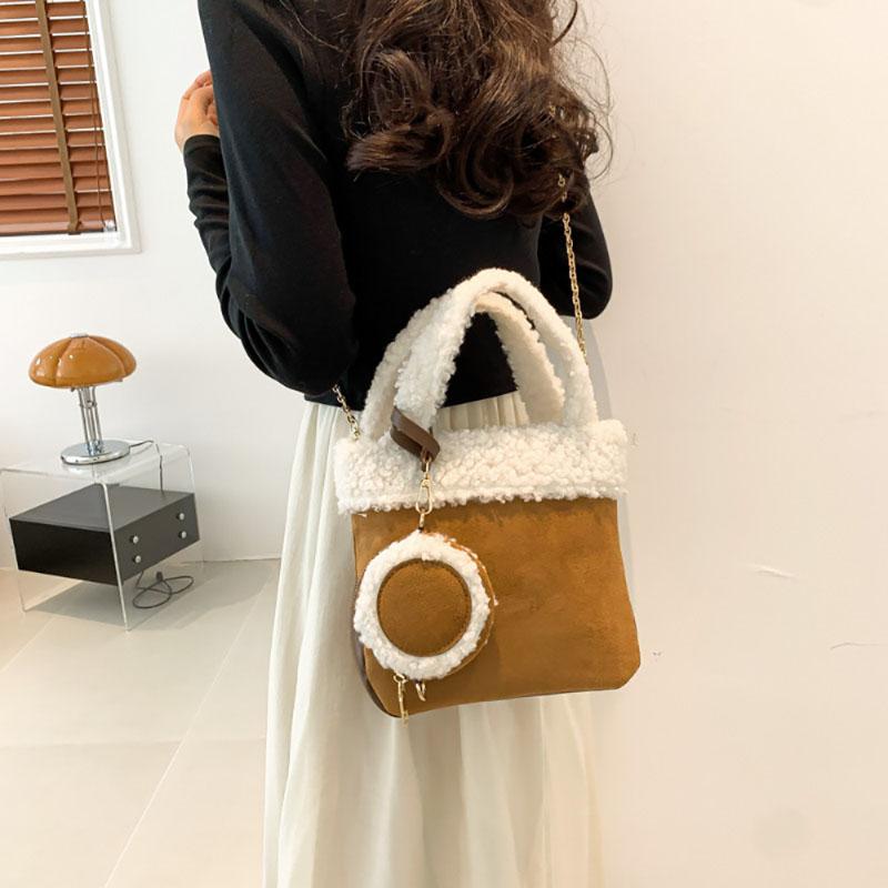 Autumn Winter New Lamb Wool Contrast Color Splice Bag Frosted Texture Korean Popular Handbag Simple Shoulder Crossbody Bag