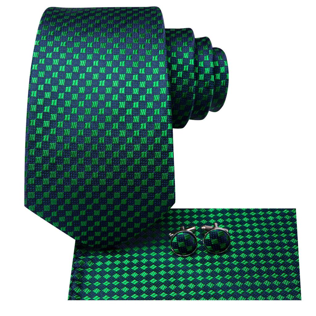 Hi-Tie Dark Green Plaid Jacquard Mens Silk Tie Classic Necktie Cufflink Hanky Set