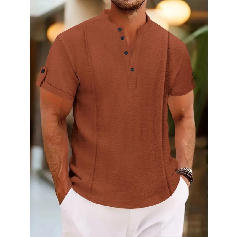 Men Casual Solid Color V Neck Short Sleeve Henley Shirt