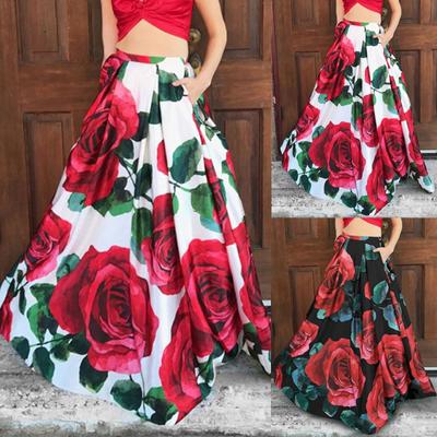 Women Bohemian Floral Print Skirt High Waist Party Beach Pocket Long Maxi Skirt