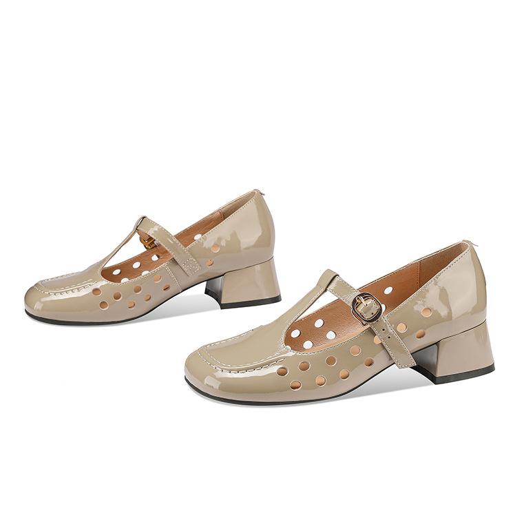 

Single shoes 2025 new women s soft leather soft sole hollow women s shoes summer T-shaped shoes women s patent leather thick heel hole shoes women 34