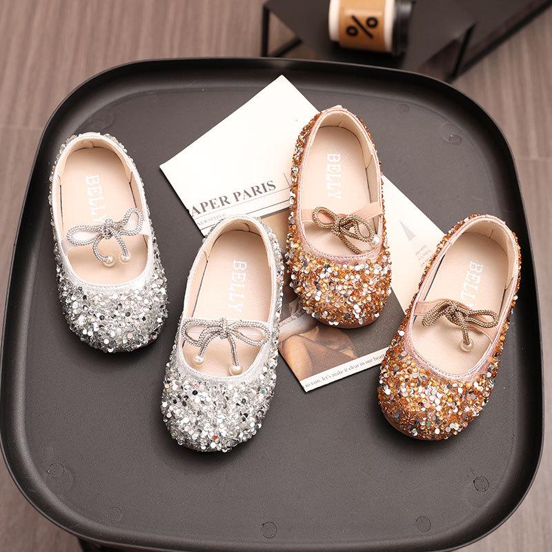 Girls' Princess-Style Leather Shoes Fashion Rhinestone Flats - Soft-Soled Toddler Big Kids Shoes for Ages 1-8yrs Glitter Bowtie