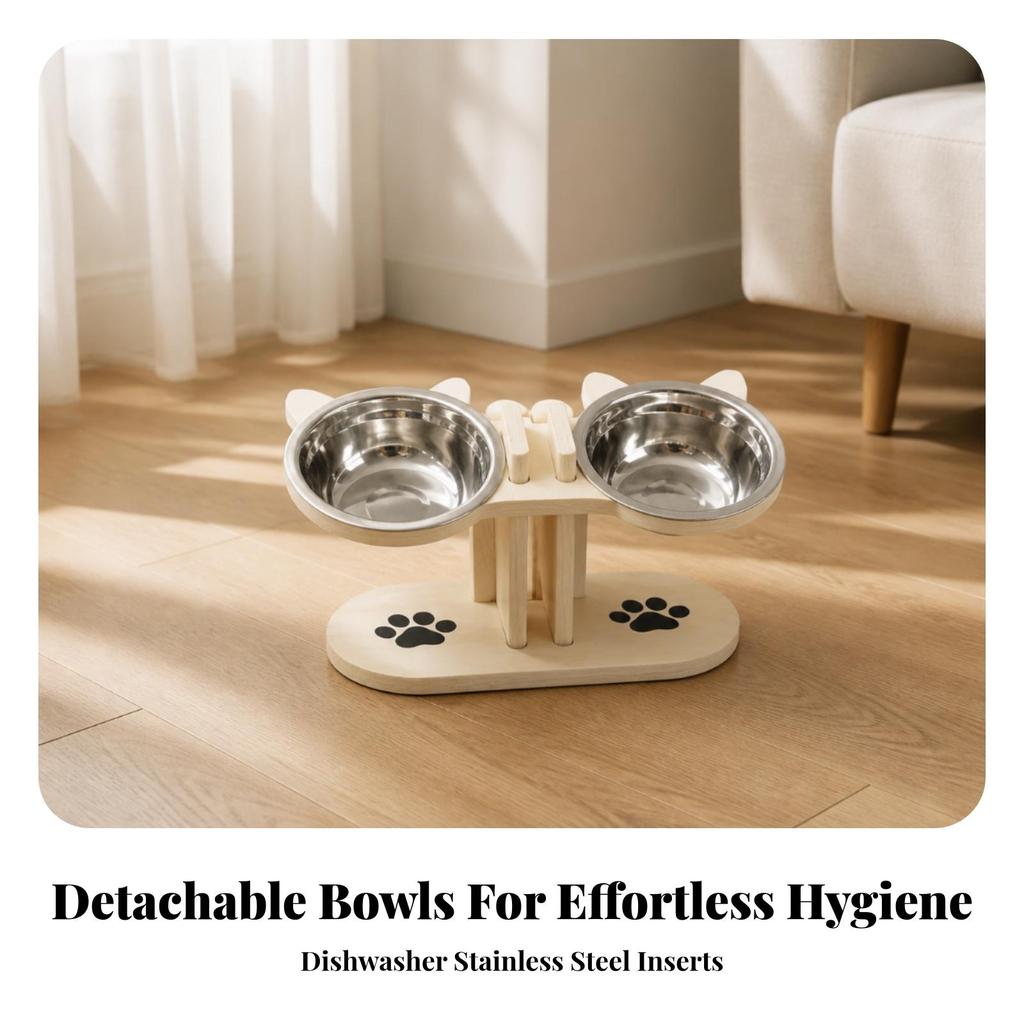 Wooden Pet Feeding Stand with Stainless-Steel Bowls Modern for Kitchen