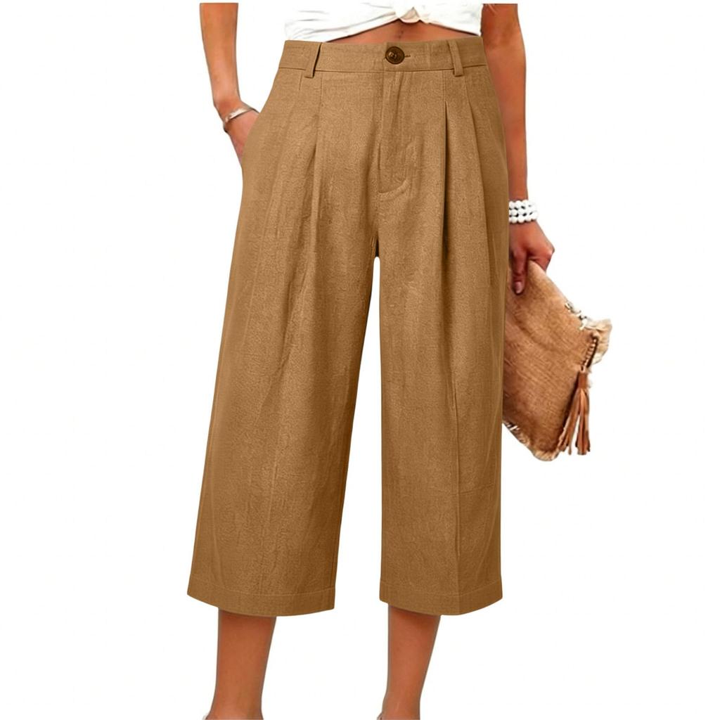 Cotton Linen Pants With Pockets Women Exposed Seam Hem Casual Pants Elastic Waist Summer Vacation Travel Pant