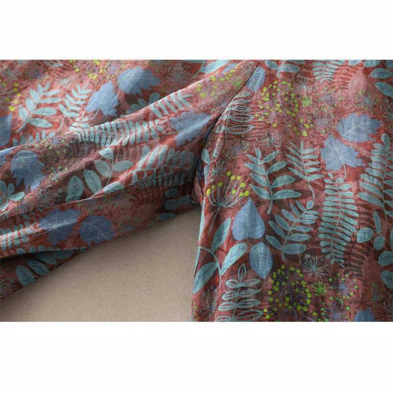 Vintage Floral Print Thin Ramie Pants Women Summer Elastic Waist Ankle Length Trousers Loose Wide Legs Pants