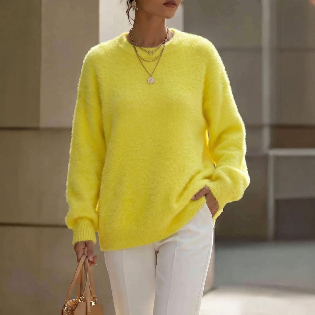 YYFS Women's Fashion Casual Fall Winter Solid Color Print Long Sleeve O-Neck Sweaters