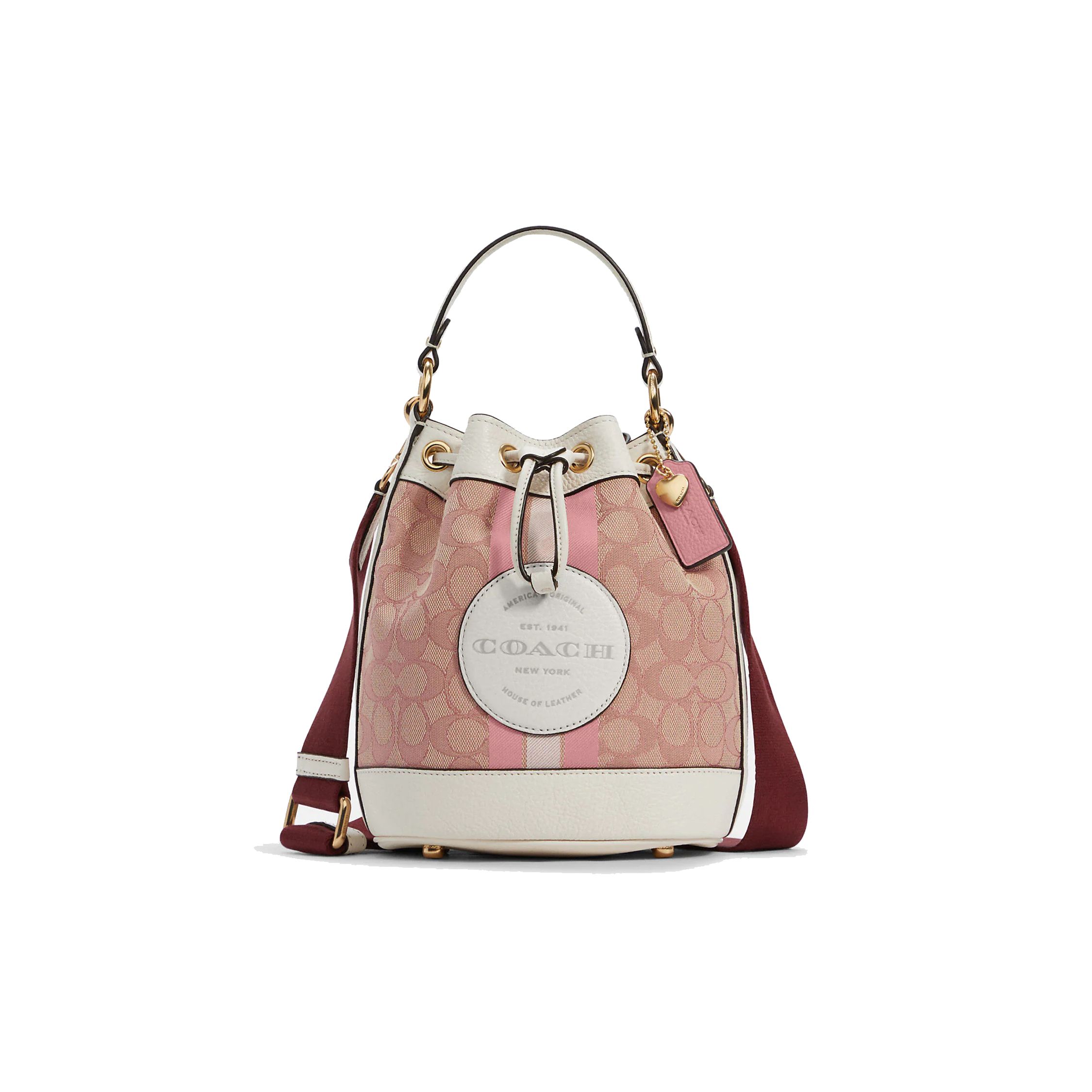

Coach Pink Signature Canvas Dempsey Drawstring Bucket Bag with Gold Hardware for Daily Use Basic Set (Bag+Dust Bag)