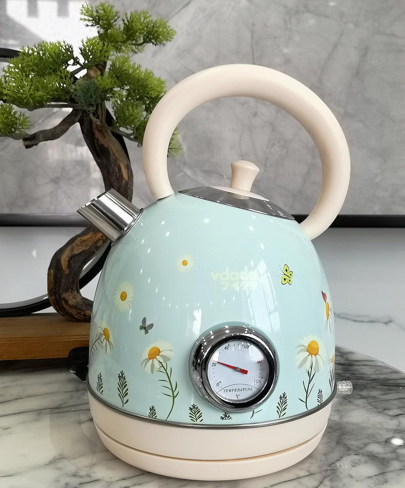 Flower-painted electric kettle with vintage-style instrument thermometer, 1.8L SUS LED 1850W, featuring automatic shutdown and dry-cooking protection.