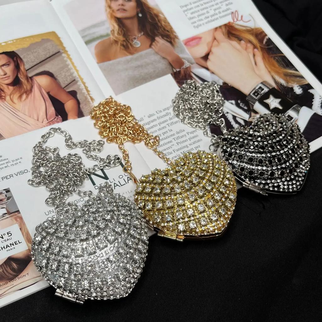 Luxury Small Bling Heart Shape Diamond Evening Clutch Rhinestones Purse Ladies Fashion Bag Designer for Women Chain Shoulder Bag