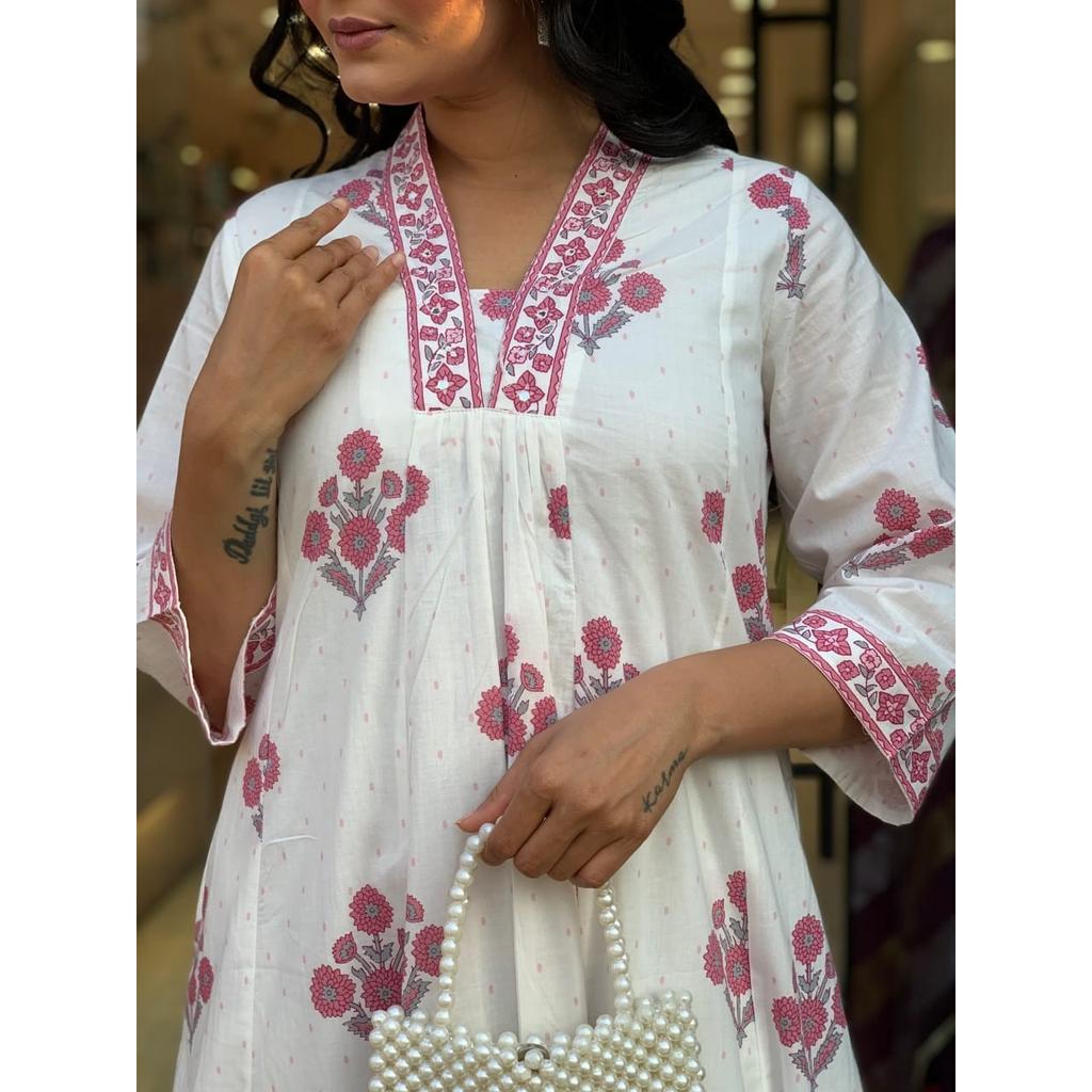 Floral Printed Aline Kurti Pant Dupatta Set Indian Women' Ethnic Kurta Set Dress